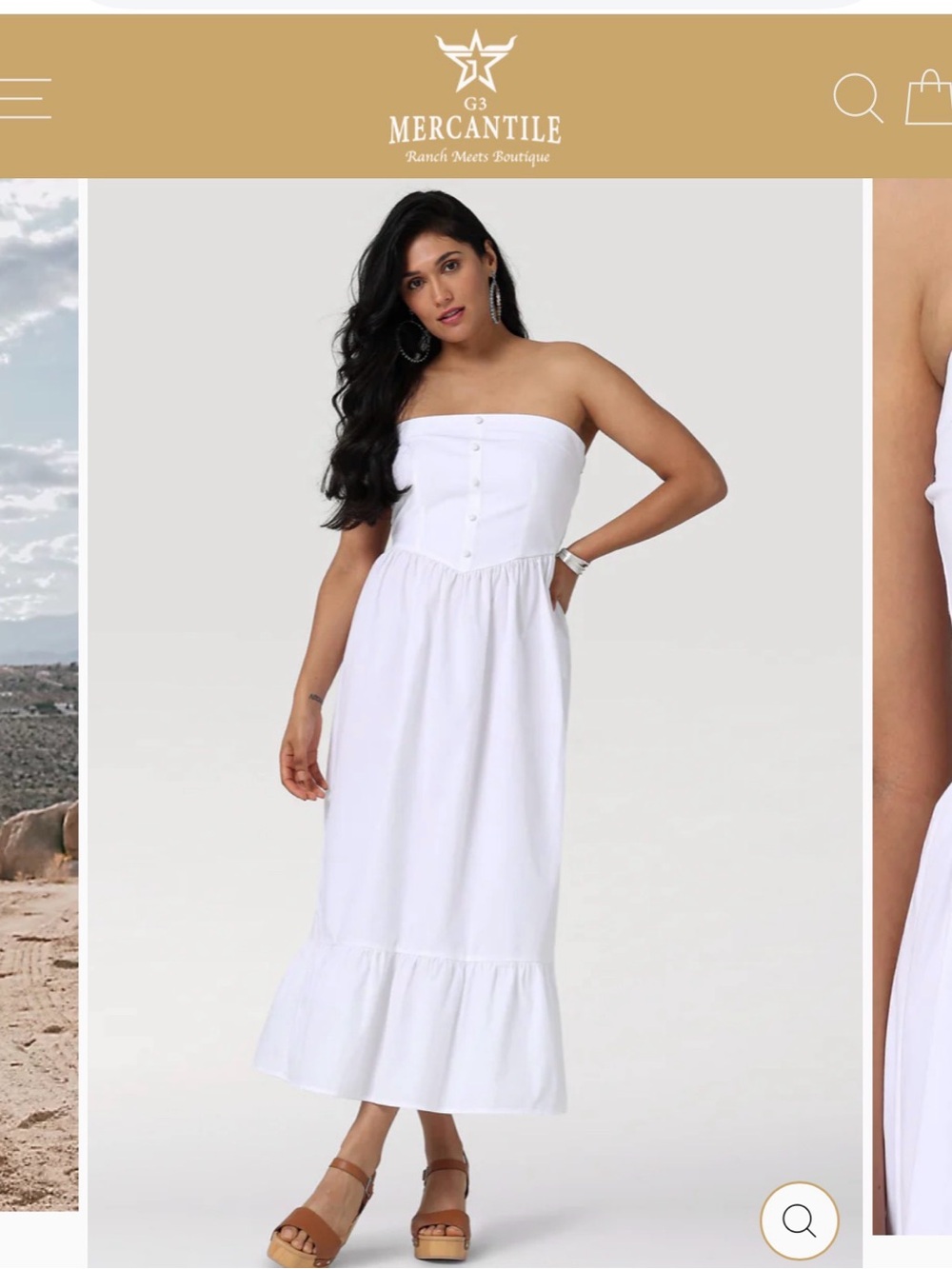 Strapless White Button-Front Midi Dress